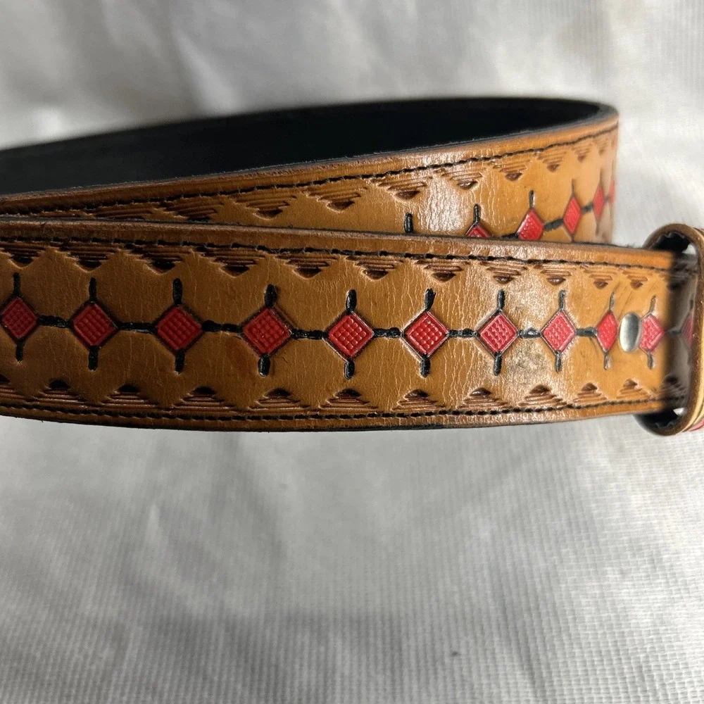 Leather Belt With Red Square Design. Size 36 Made In USA Buckle